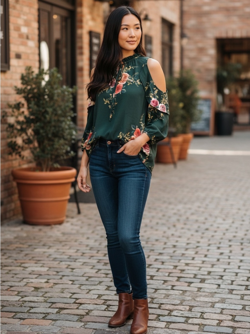Green Floral Cold-Shoulder Blouse